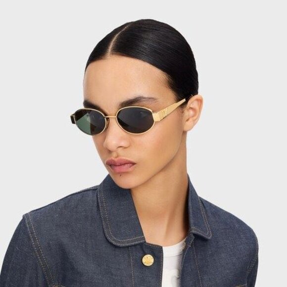 Celine Triomphe Metal CL40235U 30N Oval Sunglasses in Gold with Green Lenses - Picture 1 of 8